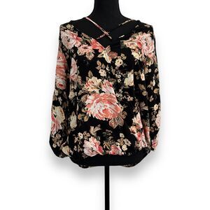 PS Kate Womens Wrap Blouse Top Floral Hi-Lo Black & Cloral Long Sleeve Sz Medium